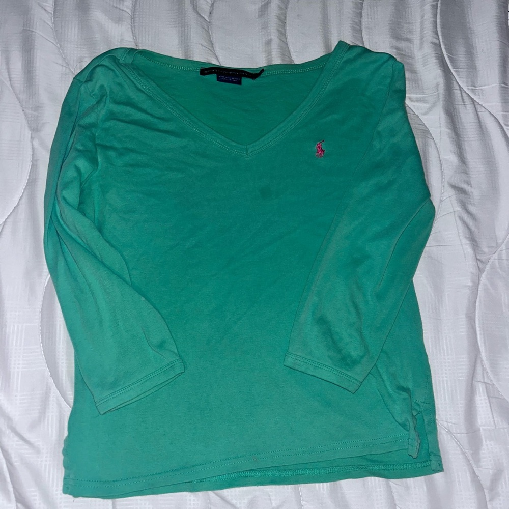 Ralph Lauren Teal V-Neck Shirt with Pink Logo